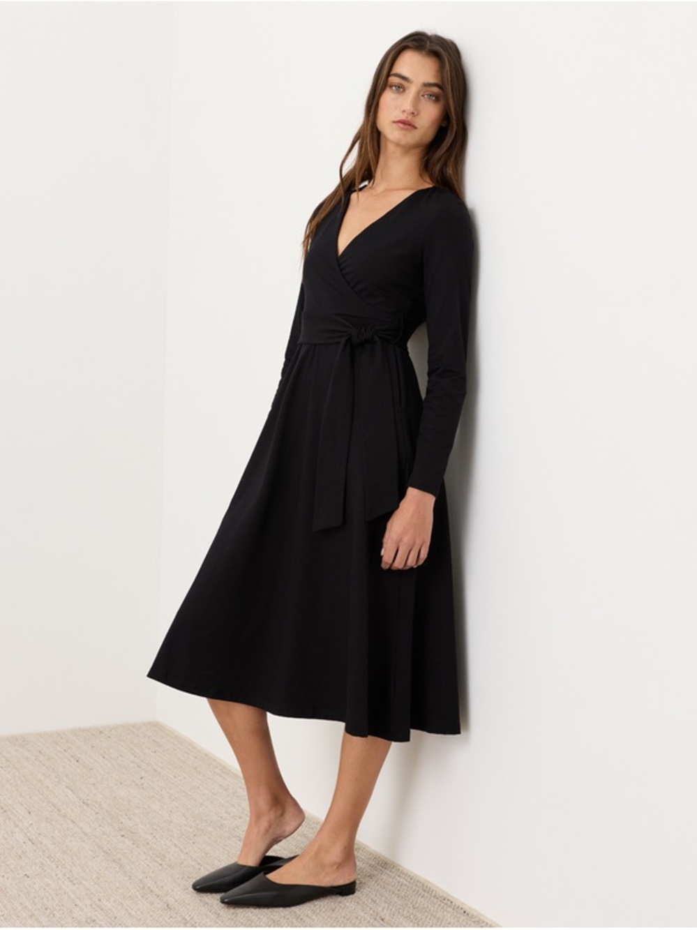 Pact Organic S Black Wrap Midi Dress Tie Waist Scandi Preppy Comfy Cozy Cottage